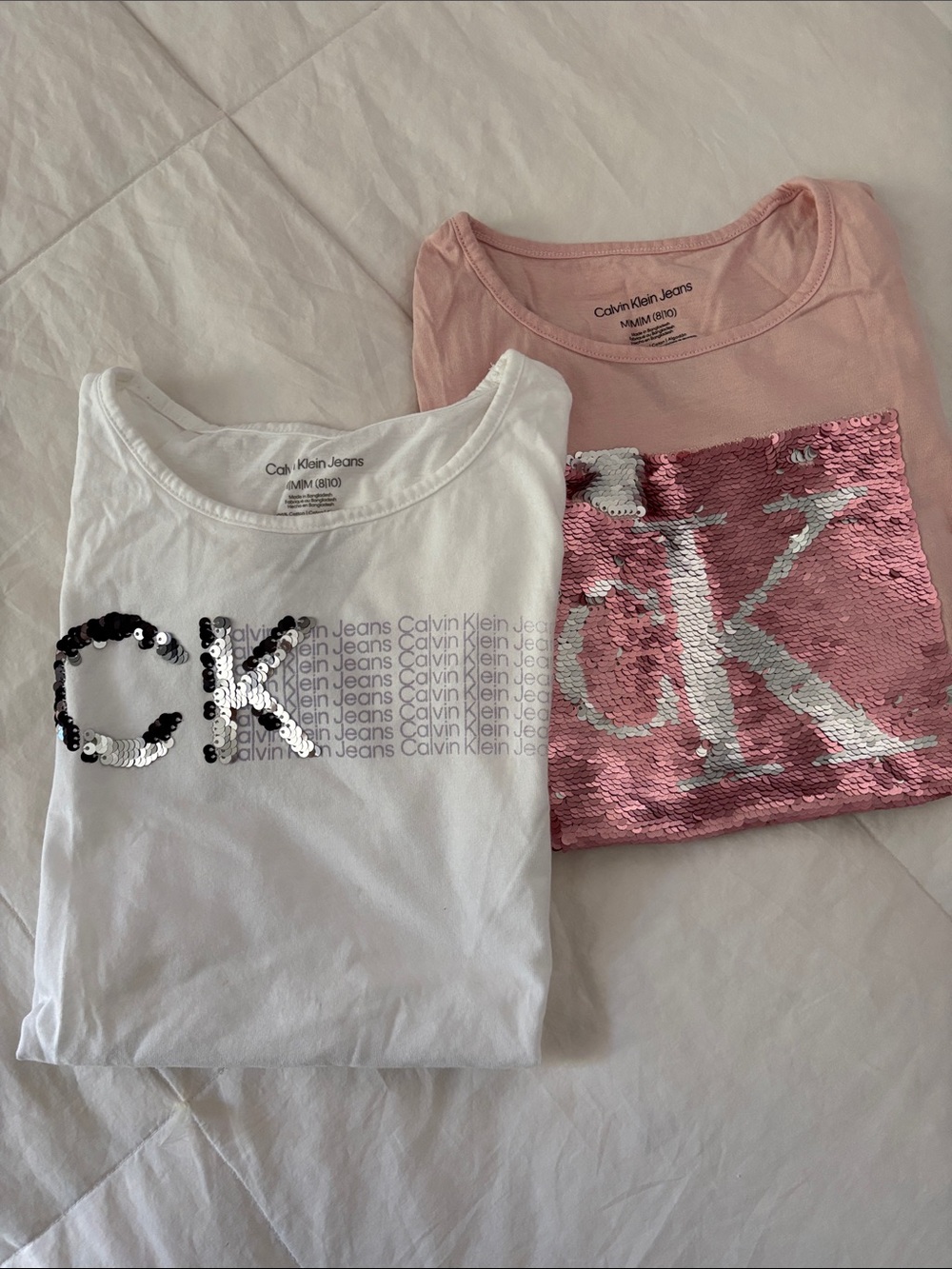 Calvin Klein Girls Pink & White Sequin CK Logo Short Sleeve Tees - 2-Pack